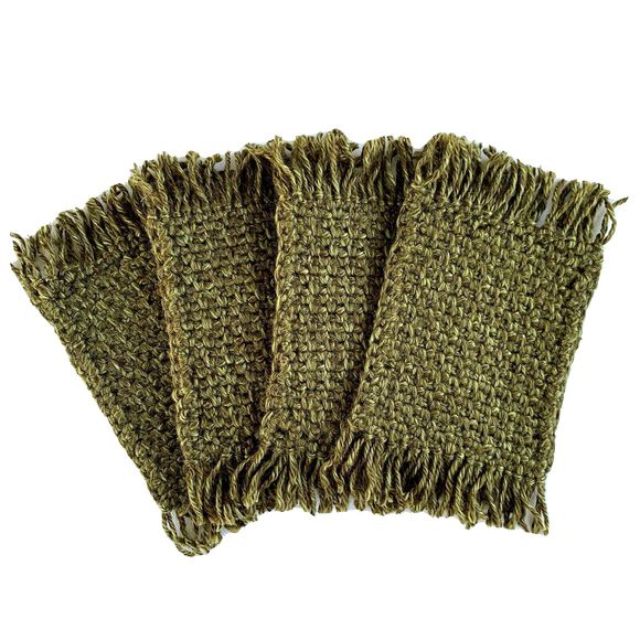 Mug Rugs Coasters Handmade Crochet Variegated Green Fringe Vinyl Back Set of 4 - Picture 11 of 11